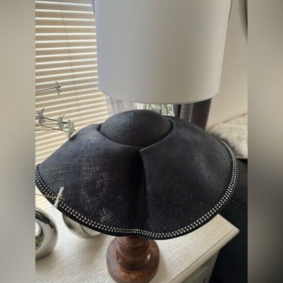 VTG NWT Adolfo II Black Straw Rhinestone Trim Hat - Picture 10 of 13